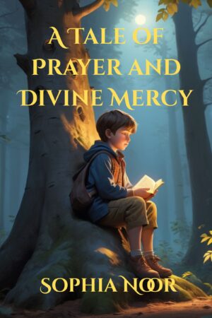A children's storybook cover "A Tale of Prayer and Divine Mercy". This image showing a boy sitting under a tree in the forest at night.