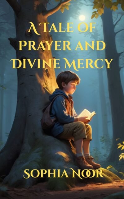 A children's storybook cover "A Tale of Prayer and Divine Mercy". This image showing a boy sitting under a tree in the forest at night.