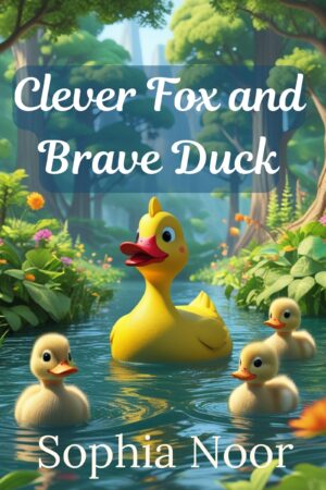Children's storybook cover: "Clever Fox and Brave Duck." Image depicts a duck swimming in a lake with her ducklings.