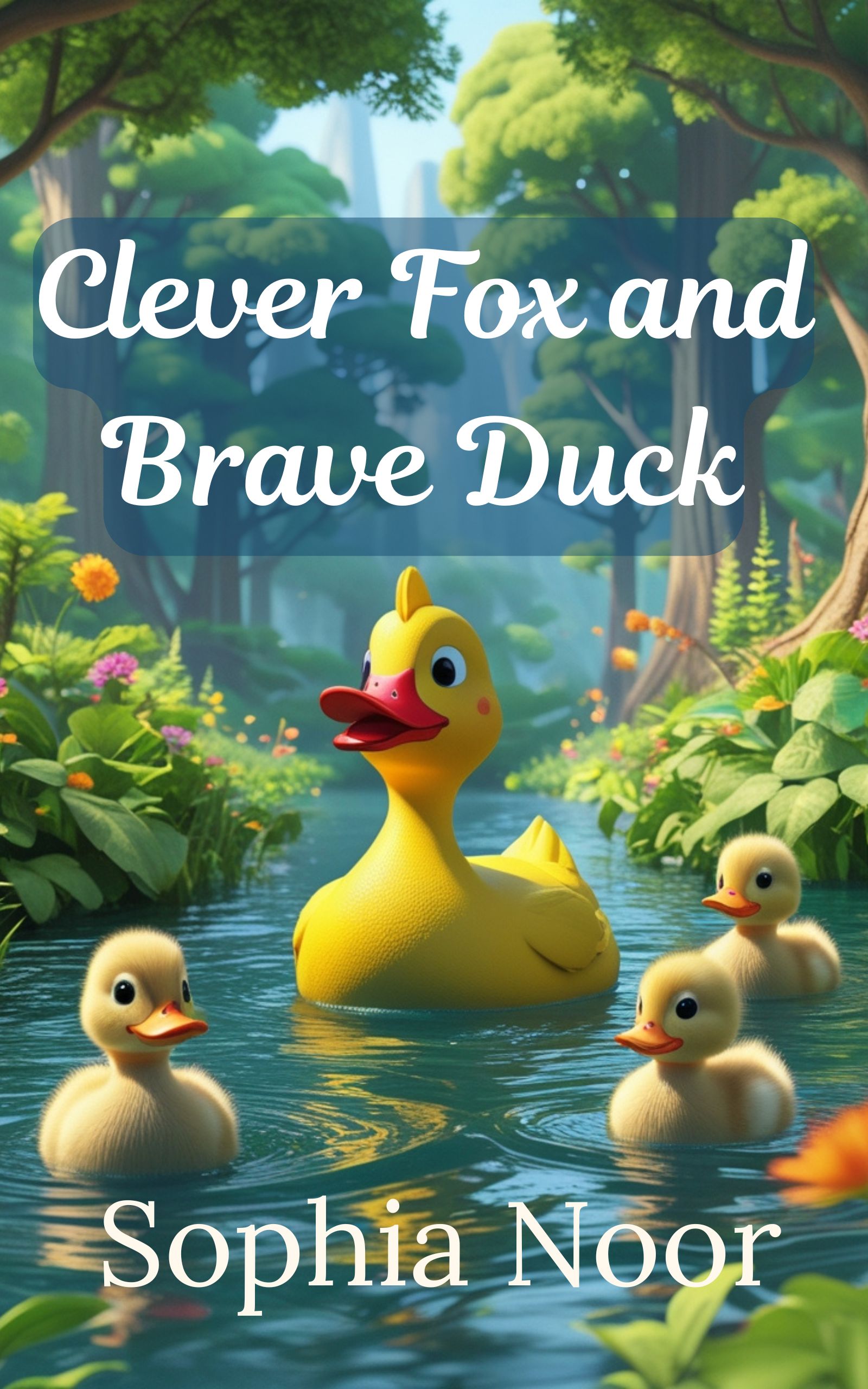 Children's storybook cover: "Clever Fox and Brave Duck." Image depicts a duck swimming in a lake with her ducklings.