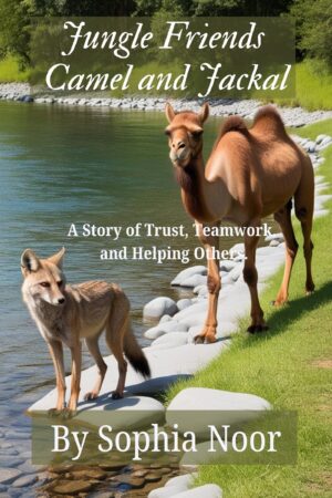 Image of children's storybook cover: "Jungle Friends Camel and Jackal" Image depicts a cmel and Jackal standing togather at river side.
