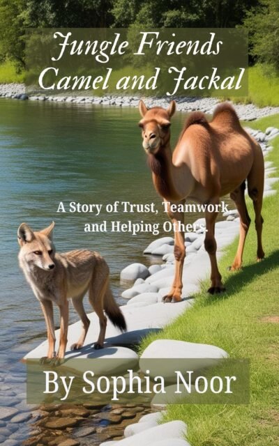 Image of children's storybook cover: "Jungle Friends Camel and Jackal" Image depicts a cmel and Jackal standing togather at river side.