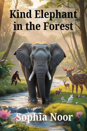 Children’s story book cover image of "Kind Elephant in the Forest", showing an elephant standing in the forest