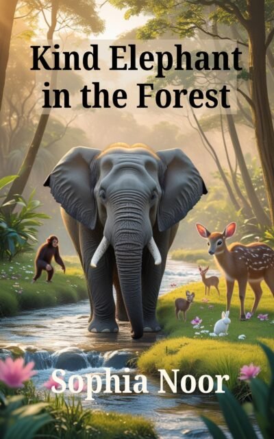 Children’s story book cover image of "Kind Elephant in the Forest", showing an elephant standing in the forest