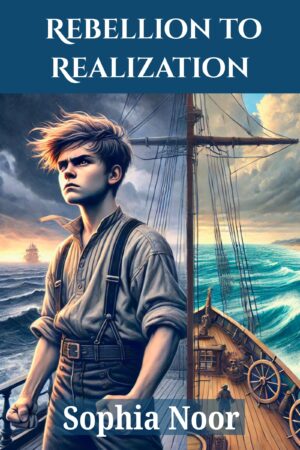 Children's storybook cover: "Rebellion to Realization." This image showing a boy stands on a ship at sea.