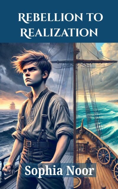 Children's storybook cover: "Rebellion to Realization." This image showing a boy stands on a ship at sea.